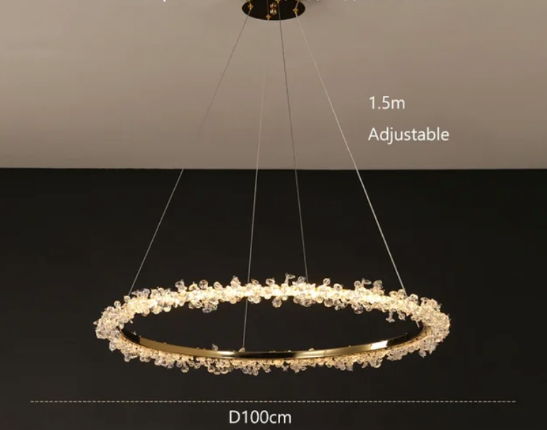 Suspendu Design : Multiples Anneaux Lumineux en Laiton et Cristal-ILLUMEEN.COM