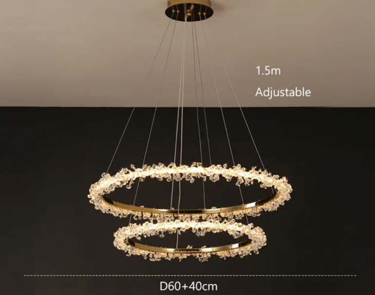 Suspendu Design : Multiples Anneaux Lumineux en Laiton et Cristal-ILLUMEEN.COM