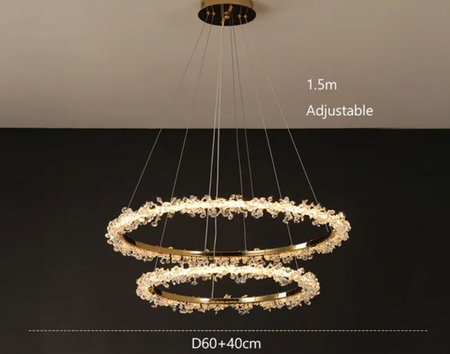 Suspendu Design : Multiples Anneaux Lumineux en Laiton et Cristal-ILLUMEEN.COM