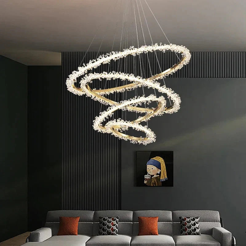 Suspendu Design : Multiples Anneaux Lumineux en Laiton et Cristal-ILLUMEEN.COM
