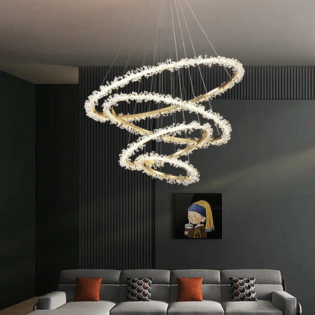 Suspendu Design : Multiples Anneaux Lumineux en Laiton et Cristal-ILLUMEEN.COM