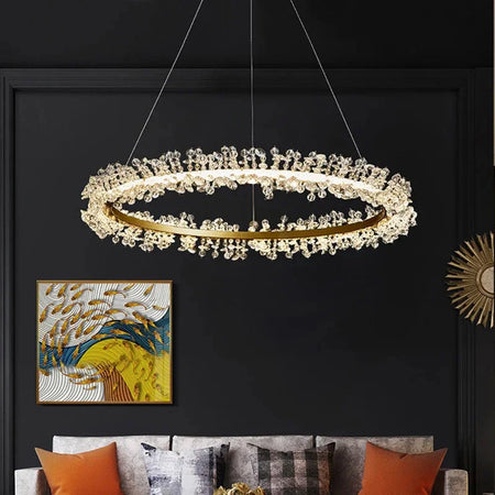 Suspendu Design : Multiples Anneaux Lumineux en Laiton et Cristal-ILLUMEEN.COM
